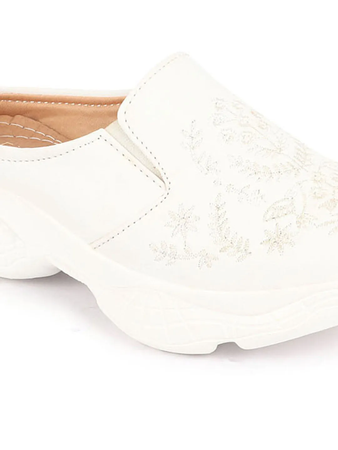 Women White Floral Print Embroidery Design Back Open Slip On Mules Shoes