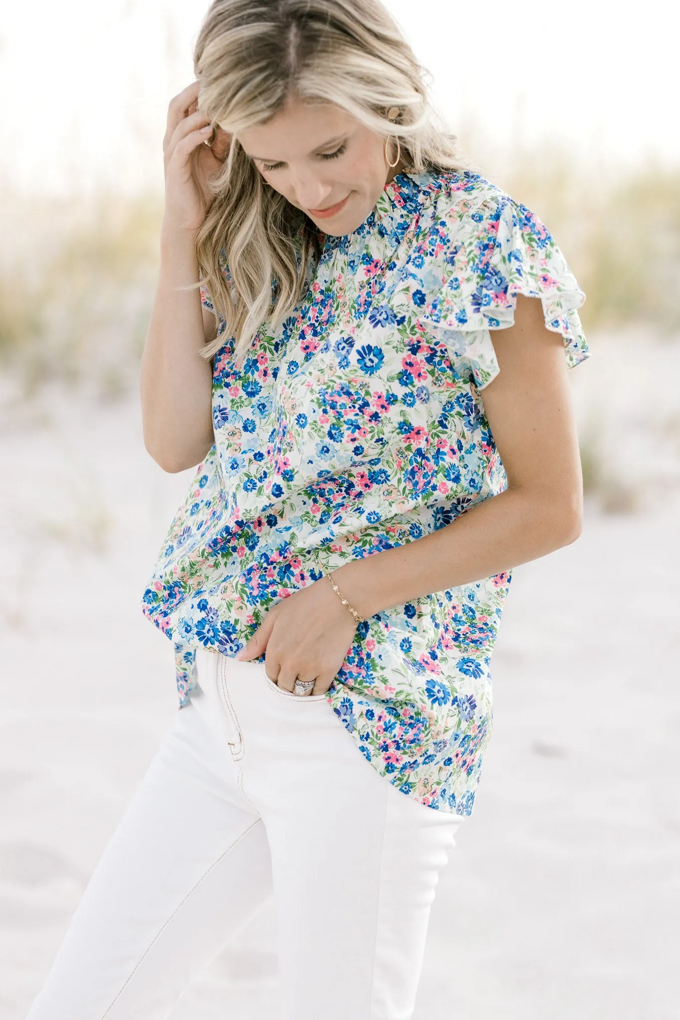 X Blue White Floral Top