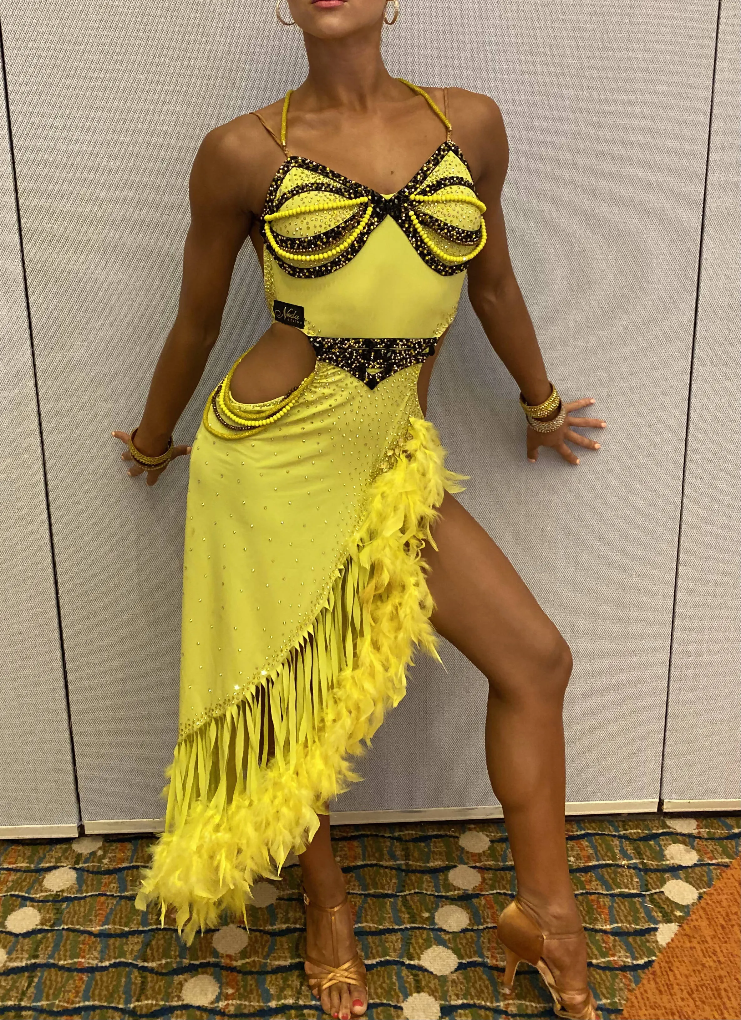 Yellow Latin Dress with Feathers