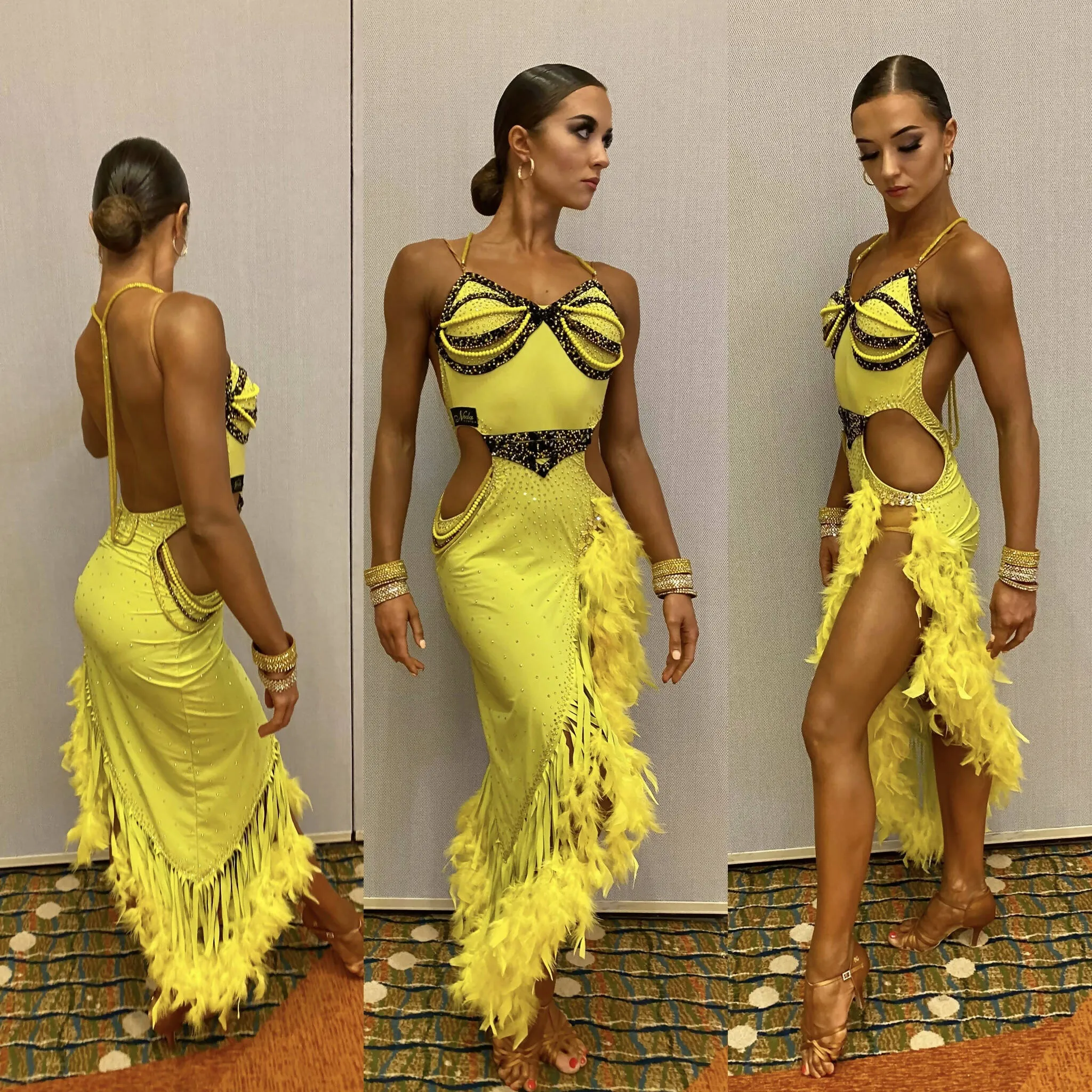 Yellow Latin Dress with Feathers