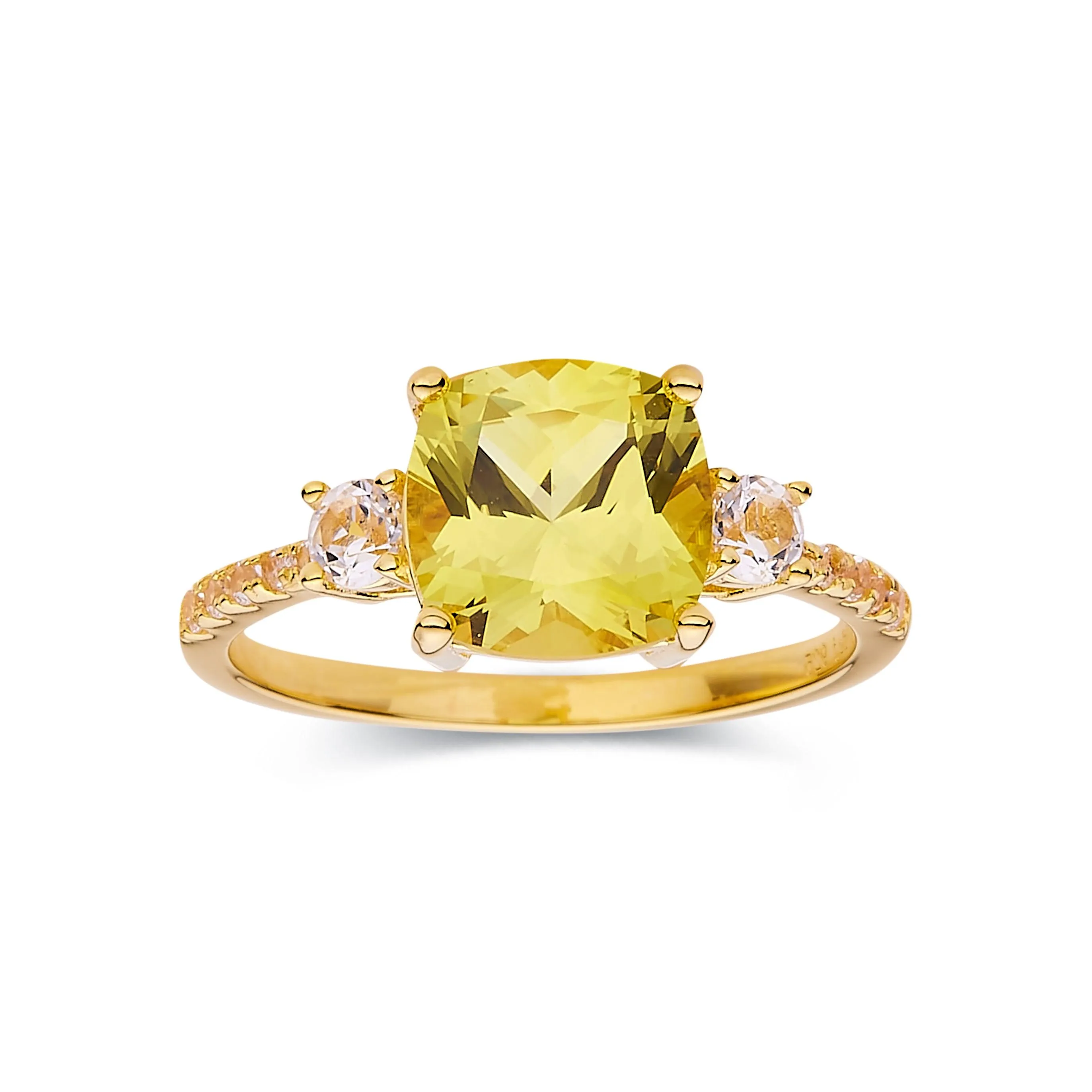 Yellow Sapphire Cushion Three Stone Ring