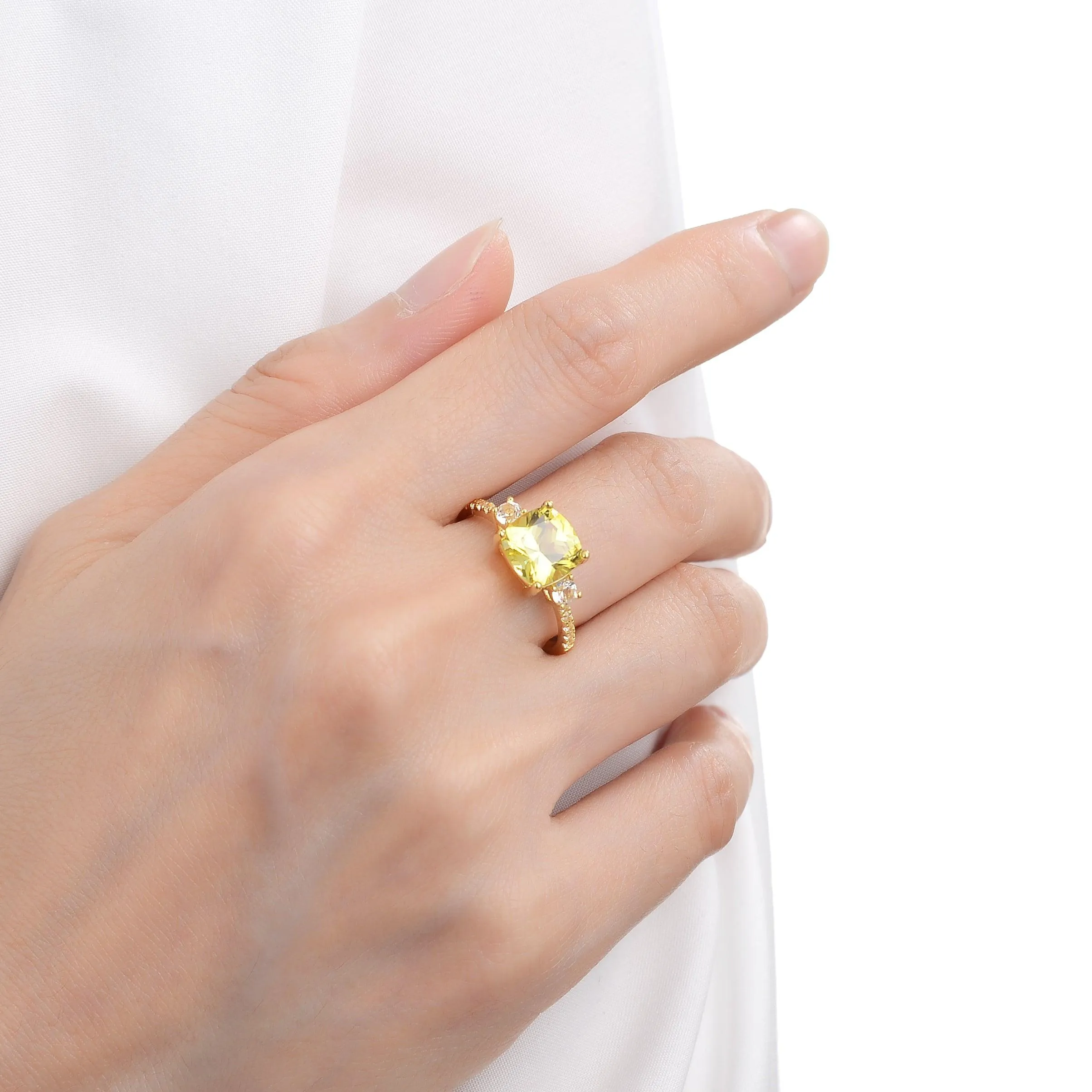 Yellow Sapphire Cushion Three Stone Ring