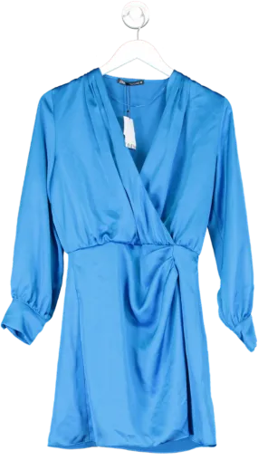 ZARA Blue Draped Satin Long Sleeve Wrap Mini Dress BNWT UK S